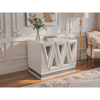 Sunvega Modern Nightstand with Gold Accents and Crystal Drawers in River Sand Grey