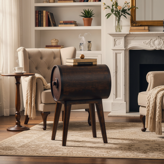 Sunvega Solid Mango Wood Light Walnut Round Bedside Table with Drawer and Open Slot