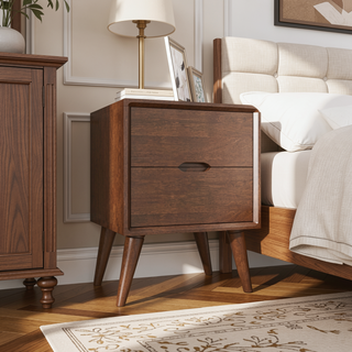 Sunvega Mid-Century Modern Walnut Brown Night Stand with 2 Drawers for Bedroom