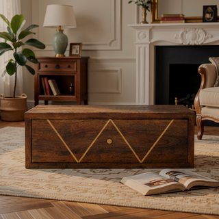 Sunvega Wall Mounted Solid Mango Wood Bedside Table with Brass Inlay Drawer