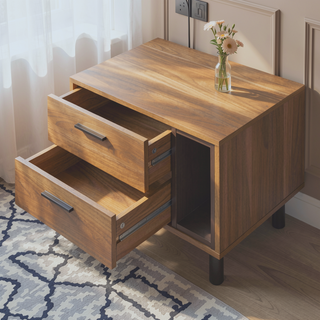 Sunvega Modern Brown Oak and Black 2-Drawer Nightstand with Open Shelf