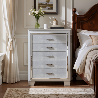 Sunvega Silver Faux Alligator Embossed Nightstand with 2 Dovetail Drawers and LED Lighting