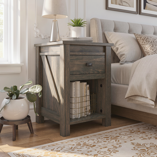 Sunvega Rustic Farmington Nightstand with Drawer and Open Cubby for Bedroom
