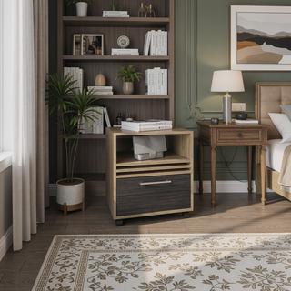Sunvega Modern Engineered Wood Nightstand with Drawer and Wheels for Bedroom