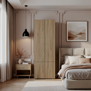 Sunvega Three-Door Bedroom Cabinet with Three Shelves in Natural Oak and White
