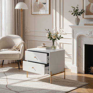 Sunvega Modern Nightstand in Off White with Two Full Extension Drawers
