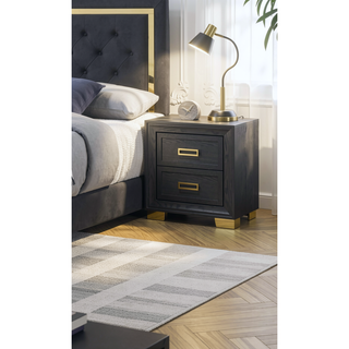 Sunvega Glam Style Black Nightstand with Gold Metal Hardware and Two Drawers