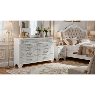 Sunvega Modern White Dresser with Marble Accents and Nine Drawers for Bedroom