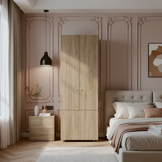 Sunvega Three-Door Bedroom Cabinet with Three Shelves in Natural Oak and White