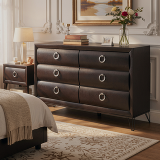 Sunvega Dark Merlot Finish Dresser with Six Spacious Drawers and Black Metal Legs