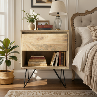 Sunvega Handcrafted Solid Mango Hardwood Nightstand with Drawer and Open Shelf