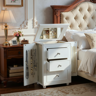 Sunvega Modern White Jewelry Armoire with Mirror and Six Felt-Lined Drawers