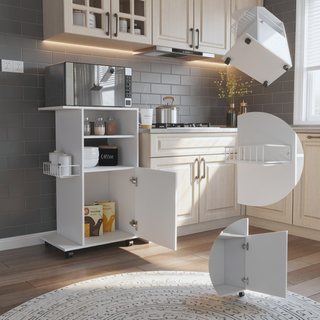 Sunvega Microwave Countertop Kitchen Cart with Single Door Cabinet and Four Caster Wheels