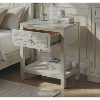 Sunvega Taupe Wooden End Table with Glass Top and Drawer Nightstand