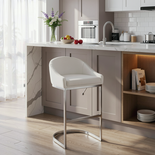 Sunvega Brushed Stainless Steel Bar Stool with White Faux Leather Upholstery