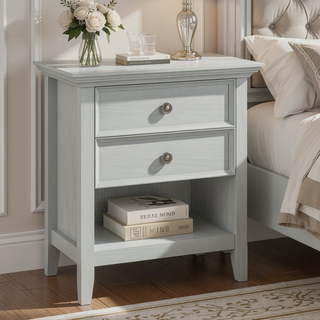 Sunvega Fog Grey Solid Wood Bedside Table with Two Spacious Drawers