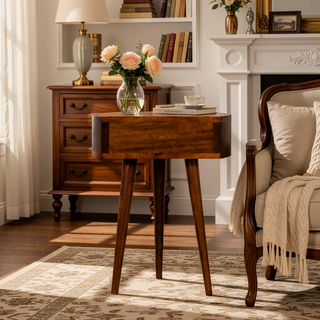 Sunvega Solid Mango Wood Chestnut Finish Semi Circle Nightstand with Drawer