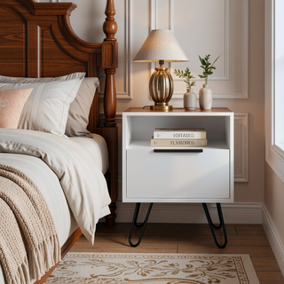 Sunvega White Nightstand with Hairpin Legs and Drawer for Bedroom or Living Room