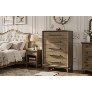 Sunvega Elm Veneer Small Chest in Warm Latte with Five Smooth Drawers