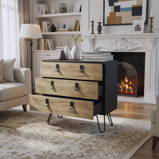 Sunvega White and Macadamia 3-Drawer Dresser with Contemporary Metal Handles and Wooden Legs
