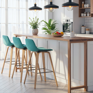 Sunvega Mid-Century Modern Bentwood Bar Stools with Aqua Blue Fabric and Chrome Footrest