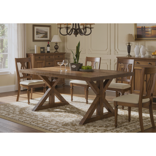 Sunvega Modern Farmhouse Wood Trestle Dining Table in Brushed Driftwood Finish