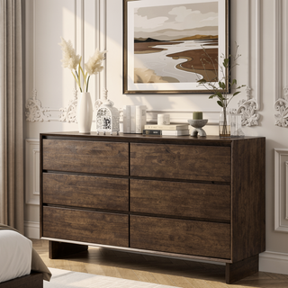 Sunvega Modern Six-Drawer Dresser Cabinet with Warm Brown Wood Grain Finish