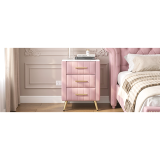 Sunvega Upholstered Wooden Nightstand with 3 Drawers and Marbling Worktop
