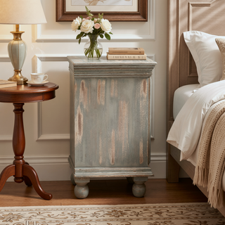 Sunvega Antique Grey Wood Nightstand with Carved Pattern for Bedroom