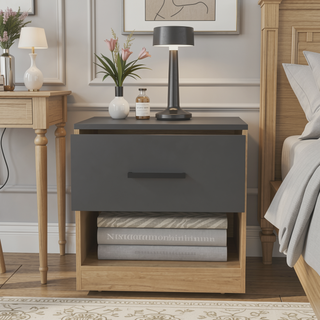 Sunvega Modern Natural Oak Nightstand with Drawer and Open Shelf for Bedroom