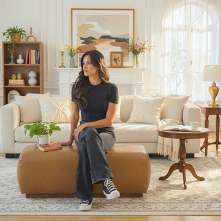Sunvega Handcrafted Vegan Tan Leather Bench with Plush Comfort and Contemporary Design