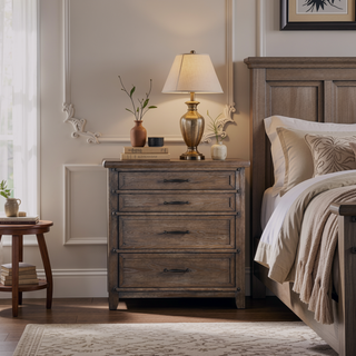 Sunvega Transitional Brown Oak Veneer Panel Headboard 5-Drawer Chest with Ball Bearing Glides