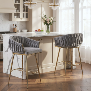 Sunvega Lambswool Fabric Counter Height Bar Stools Set of 2 with Wave Back