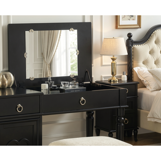 Sunvega Silver Color Rubber Wood Vanity Set with Stool and Open Up Mirror Storage