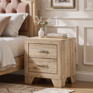 Sunvega Natural Finish Contemporary Nightstand with Two Drawers and Metal Handles