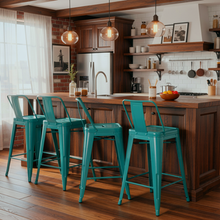 Sunvega Teal Blue Metal Counter Height Stool Set of 4 with Curved Back