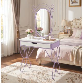 Sunvega Elegant Butterfly Design White PU Leather Finish Vanity Set with Stool