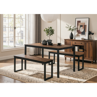 Sunvega Industrial Style 3pc Dining Set with U-Shape Metal Legs and Wooden Top