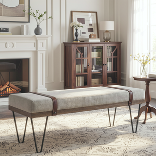Sunvega Karis Beige Upholstered Accent Bench with Leatherette Straps and Nailhead Studs