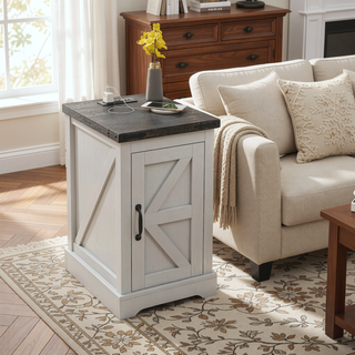 Sunvega Farmhouse Side Table with Charging Station USB Ports and Storage Cabinet