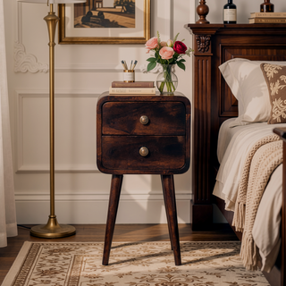 Sunvega Solid Mango Wood Mini Bedside Table with Two Drawers and Nordic Legs