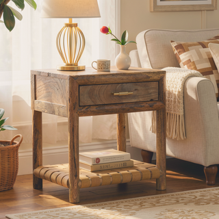 Sunvega Handcrafted Solid Mango Wood Nightstand with Drawer and Woven Shelf
