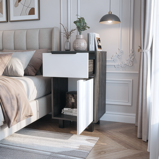 Sunvega Smokey Oak and White 1-Drawer Nightstand with Cabinet and Four Legs
