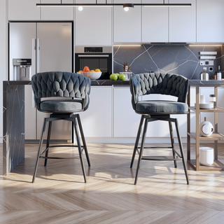 Sunvega Set of 2 Blue Suede Woven Swivel Bar Stools with Golden Legs and Footrest