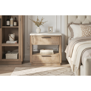 Sunvega Nightstand with Oak Veneer Drawer Fronts, Stone Top, and USB Charging Ports