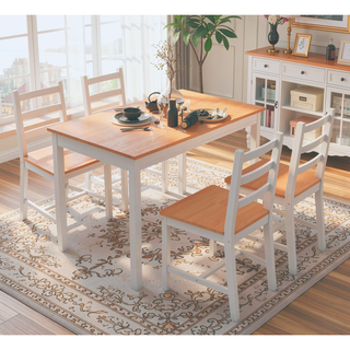 Sunvega Rustic Pine Wood Dining Table Set with Four High Back Chairs