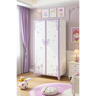 Sunvega White and Purple Butterfly Design Metal Wardrobe with Hanging Rod