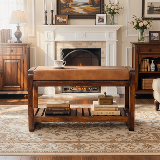 Sunvega Solid Mango Wood Buffalo Leather Upholstered Bench with Slatted Shelf