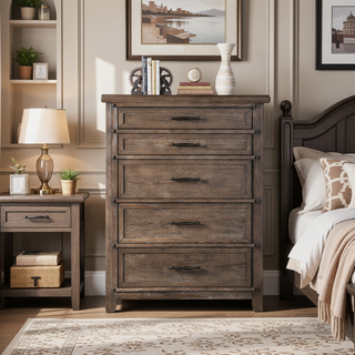 Sunvega Transitional Brown Oak Veneer Panel Headboard 5-Drawer Chest with Ball Bearing Glides