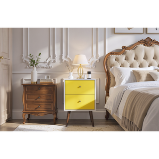 Sunvega Modern White and Brown Nightstand with 2 Drawers for Bedroom